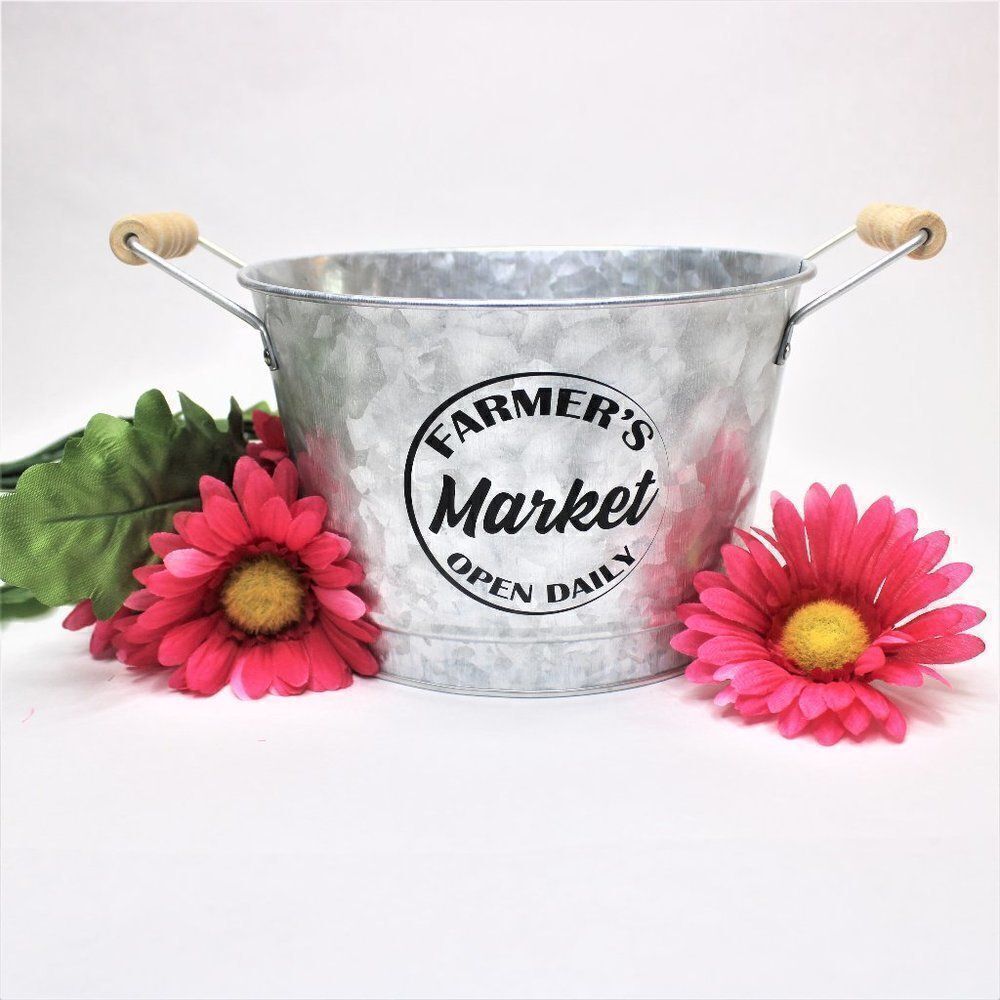 Tin Flower Pot "Farmers Market Open Daily" Double Wood Handle Cottagecore Bucket